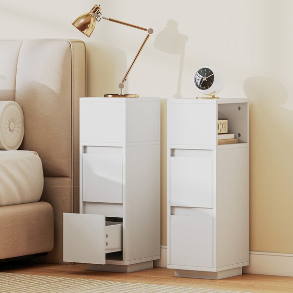 HOMCOM Set de 2 Noptiere Înalte și Subțiri pentru Dormitor cu 2 Sertare și Raft Deschis, Noptiere Moderne Economisitoare de Spațiu, Măsuțe pentru Divan, Sufragerie și Dormitor, 25x30x65 cm, Alb | Aosom Romania