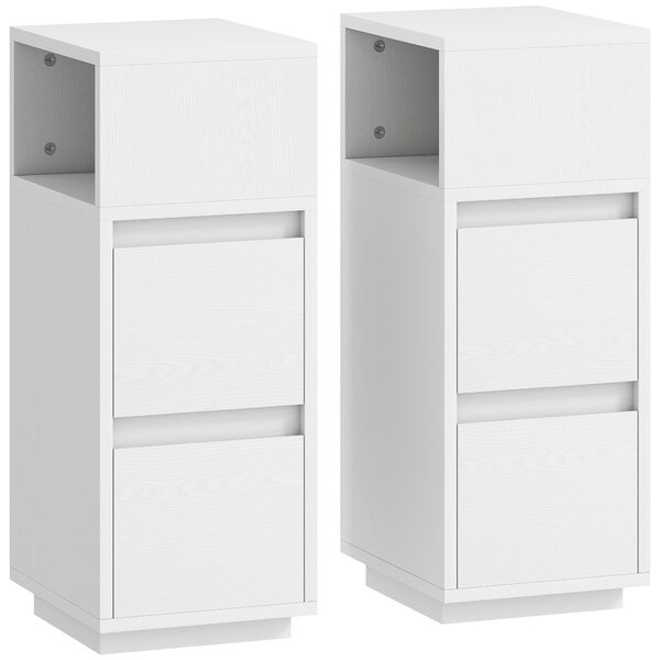 HOMCOM Set de 2 Noptiere Înalte și Subțiri pentru Dormitor cu 2 Sertare și Raft Deschis, Noptiere Moderne Economisitoare de Spațiu, Măsuțe pentru Divan, Sufragerie și Dormitor, 25x30x65 cm, Alb | Aosom Romania