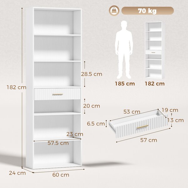 HOMCOM Bibliotecă Înaltă cu Cuburi, 7 Niveluri cu Sertar, MDF, 60x24x182 cm, Alb | Aosom Romania
