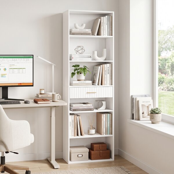HOMCOM Bibliotecă Înaltă cu Cuburi, 7 Niveluri cu Sertar, MDF, 60x24x182 cm, Alb | Aosom Romania