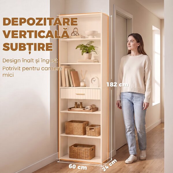 HOMCOM Bibliotecă Înaltă cu Cuburi, 7 Niveluri cu Sertar, MDF, 60x24x182 cm, Alb | Aosom Romania