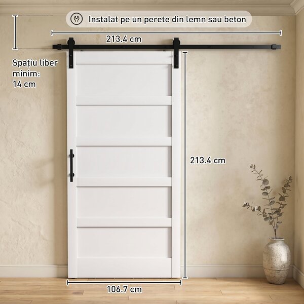 HOMCOM Ușă Glisantă Aplicată pe Perete 106.7x213.4 cm, Stil Shaker Industrial, Silențioasă, Impermeabilă, Albă | Aosom Romania