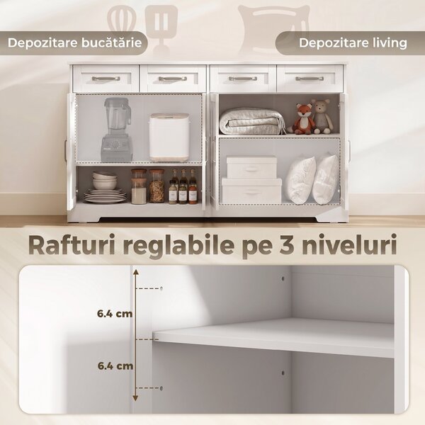 HOMCOM Dulap de Bucătărie, Mobilier de Bucătărie cu 4 Sertare, 4 Uși și 2 Rafturi Reglabile, Alb | Aosom Romania