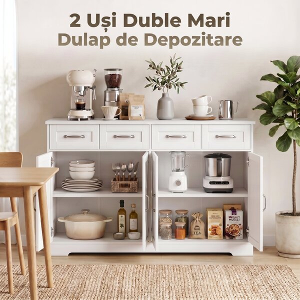 HOMCOM Dulap de Bucătărie, Mobilier de Bucătărie cu 4 Sertare, 4 Uși și 2 Rafturi Reglabile, Alb | Aosom Romania