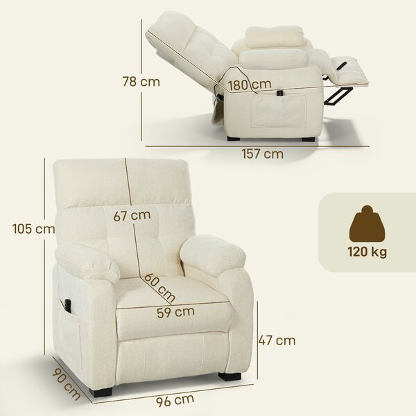 HOMCOM Fotoliu Relax Electric Reclinabil 150° cu Suport pentru Picioare, Șezut Spațios, Fotoliu Silențios, Port USB, Funcție Memory, Telecomandă, din Catifea, pentru Living, Alb | Aosom Romania