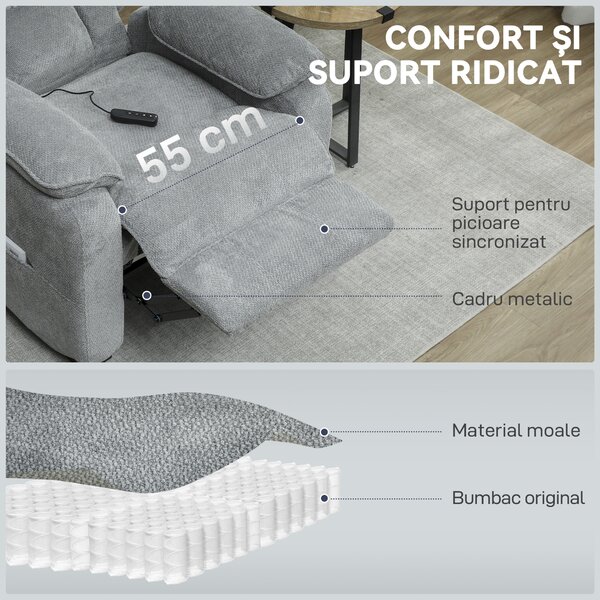 HOMCOM Fotoliu Electric Reclinabil 150° cu Suport pentru Picioare, Port USB, Fotoliu Reclinabil Silențios, Sezut Larg, Telecomandă, Funcție Memorie, din Catifea, pentru Living, Gri | Aosom Romania