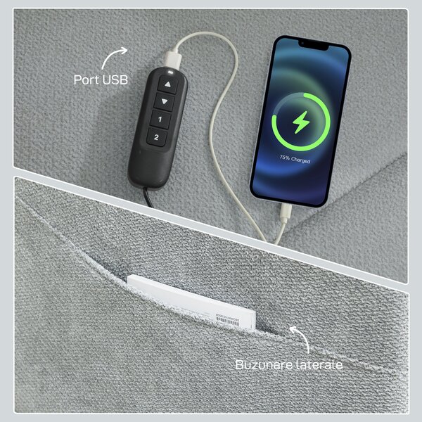 HOMCOM Fotoliu Electric Reclinabil 150° cu Suport pentru Picioare, Port USB, Fotoliu Reclinabil Silențios, Sezut Larg, Telecomandă, Funcție Memorie, din Catifea, pentru Living, Gri | Aosom Romania