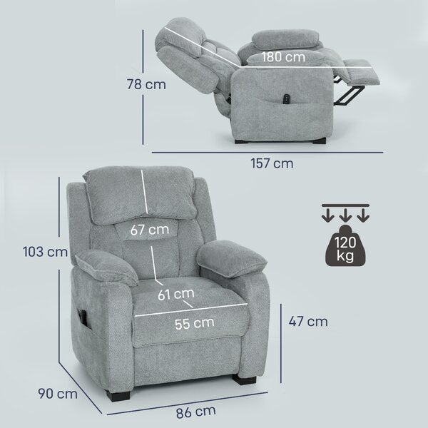 HOMCOM Fotoliu Electric Reclinabil 150° cu Suport pentru Picioare, Port USB, Fotoliu Reclinabil Silențios, Sezut Larg, Telecomandă, Funcție Memorie, din Catifea, pentru Living, Gri | Aosom Romania