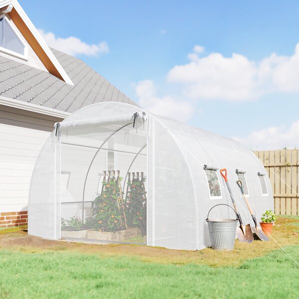 Outsunny Seră de Grădină Tip Tunel 4x3x2 m cu 2 Bare Detașabile, Uși Rulabile și Ferestre cu Plasă, Seră pentru Grădină de Legume și Flori, Structură din Oțel Zincat și Acoperire PE, Alb | Aosom Romania