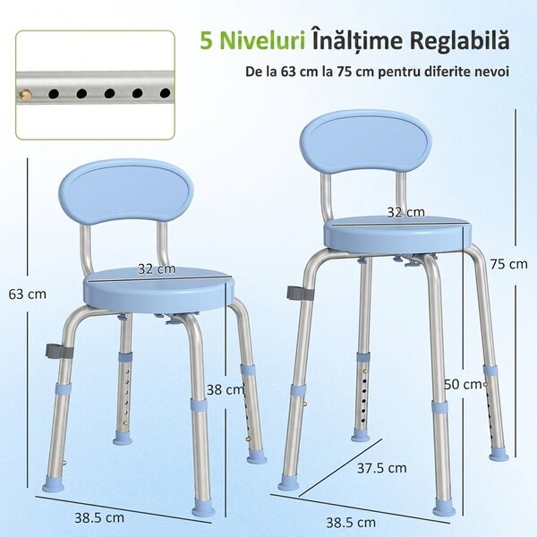 HOMCOM Scaun de Duș Rotativ 360° cu Spătar, Înălțime Reglabilă, Albastru Deschis | Aosom Romania
