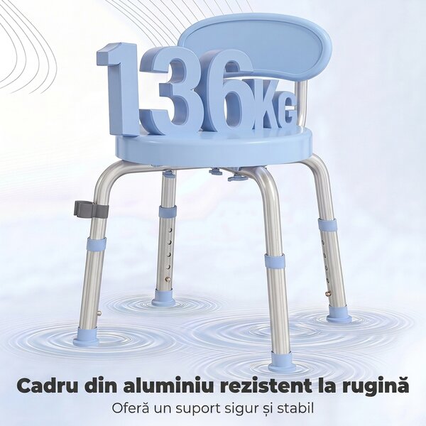 HOMCOM Scaun de Duș Rotativ 360° cu Spătar, Înălțime Reglabilă, Albastru Deschis | Aosom Romania