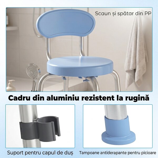 HOMCOM Scaun de Duș Rotativ 360° cu Spătar, Înălțime Reglabilă, Albastru Deschis | Aosom Romania