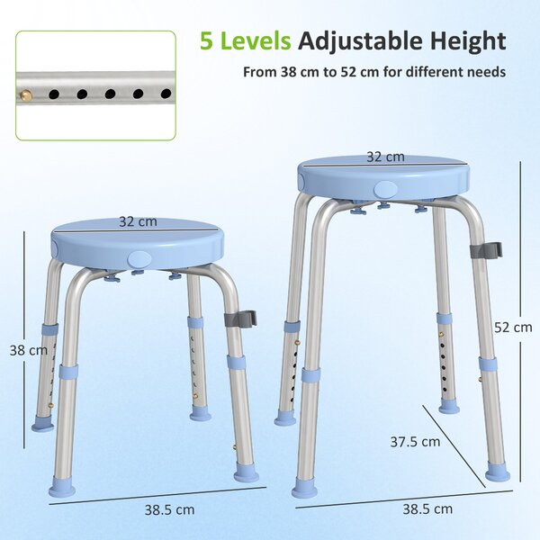 HOMCOM Taburet de Duș Rotativ, 5 Înălțimi Reglabile, Antiderapant, din Aliaj de Aluminiu, 136 kg, Albastru Deschis | Aosom Romania