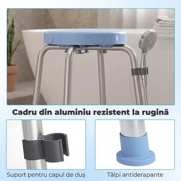 HOMCOM Taburet de Duș Rotativ, 5 Înălțimi Reglabile, Antiderapant, din Aliaj de Aluminiu, 136 kg, Albastru Deschis | Aosom Romania