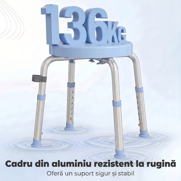 HOMCOM Taburet de Duș Rotativ, 5 Înălțimi Reglabile, Antiderapant, din Aliaj de Aluminiu, 136 kg, Albastru Deschis | Aosom Romania