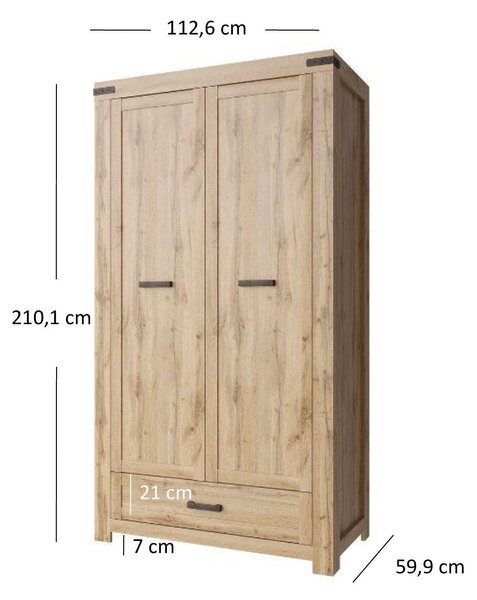 Dulap MORTIZ, stejar wotan, PAL laminat, cu 2 usi si un sertar, 113x60