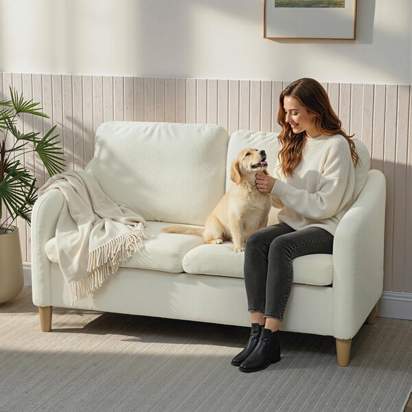 HOMCOM Divan 2 Locuri Imbottit în Sherpa cu Perne Detașabile, Picioare din Lemn de Eucalipt, Design Compact pentru Living, 137x69x82 cm, Crem | Aosom Romania