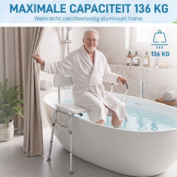HOMCOM Scaun pentru Cadă cu Spătar și Cotieră, Înălțime Reglabilă în 10 Trepte, până la 136 kg, Alb | Aosom Romania