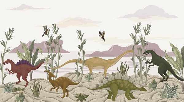 Fototapet Grup de dinozauri în deșert, Fototapet dinozauri, Fototapet populare, w03562 - Tapeko.ro