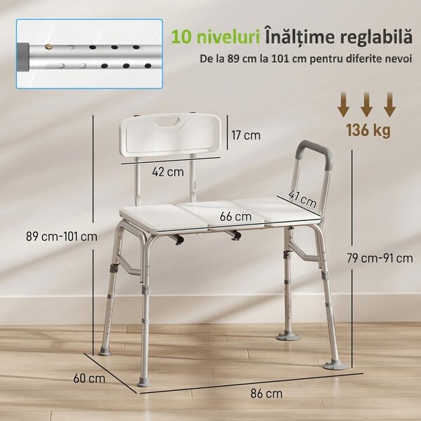 HOMCOM Scaun pentru Cadă cu Spătar și Cotieră, Înălțime Reglabilă în 10 Trepte, până la 136 kg, Alb | Aosom Romania