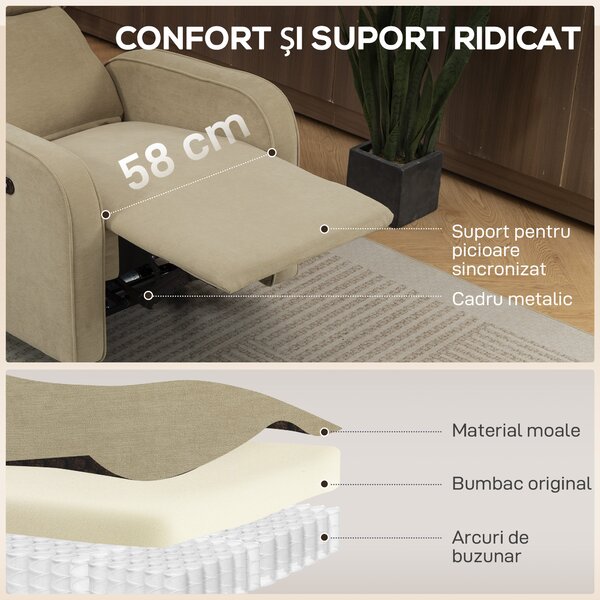 HOMCOM Fotoliu Relax Electric Reclinabil 135° cu Suport pentru Picioare, Tetieră Reglabilă, Șezut Spațios, Fotoliu Tapițat, Motoare Duble, Porturi USB și USB-C, Catifea Bej, Living | Aosom Romania
