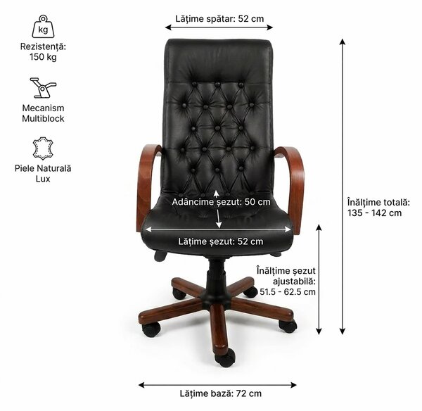 Scaun directorial CHEF LUX EXTRA, Negru, piele naturala - lemn cires