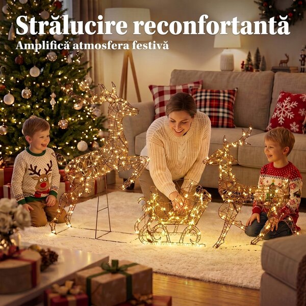 Outsunny set de Crăciun 3 piese cu reni și sanie, 240 LED, 105 cm, alb cald | Aosom Romania