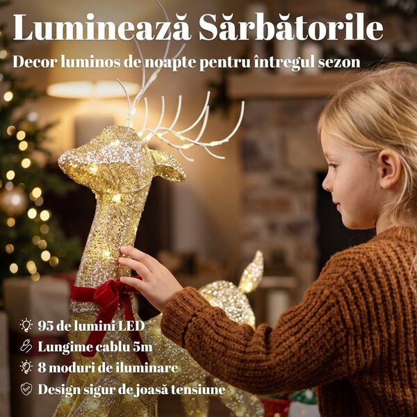 Outsunny Ren de Crăciun Iluminat cu Sanie, 95 LED-uri, Înălțime 125 cm, Auriu | Aosom Romania