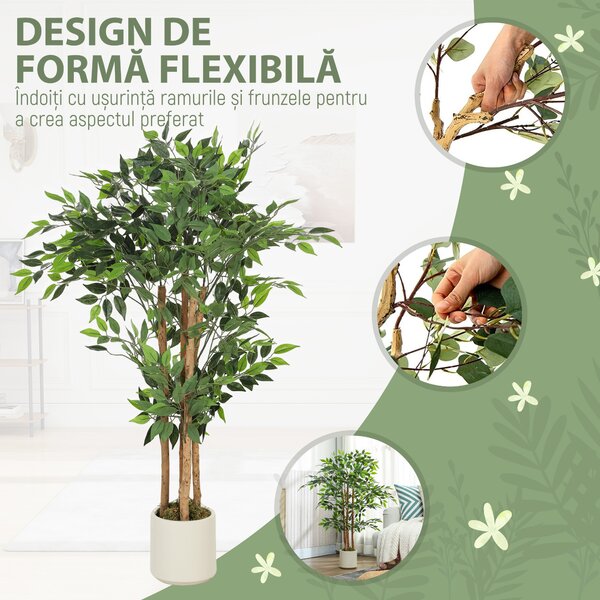 HOMCOM Plantă Artificială Banian 120 cm, cu Trunchi din Lemn Masiv și Ghiveci pentru Interior, Verde | Aosom Romania