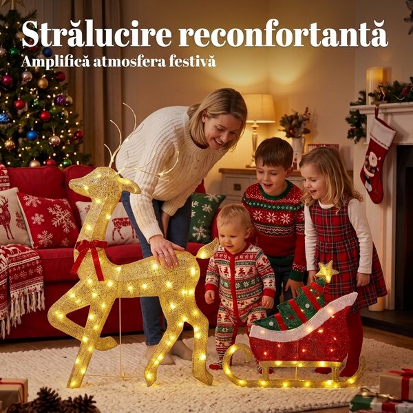 Outsunny Ren de Crăciun Iluminat cu Sanie, 95 LED-uri, Înălțime 125 cm, Auriu | Aosom Romania