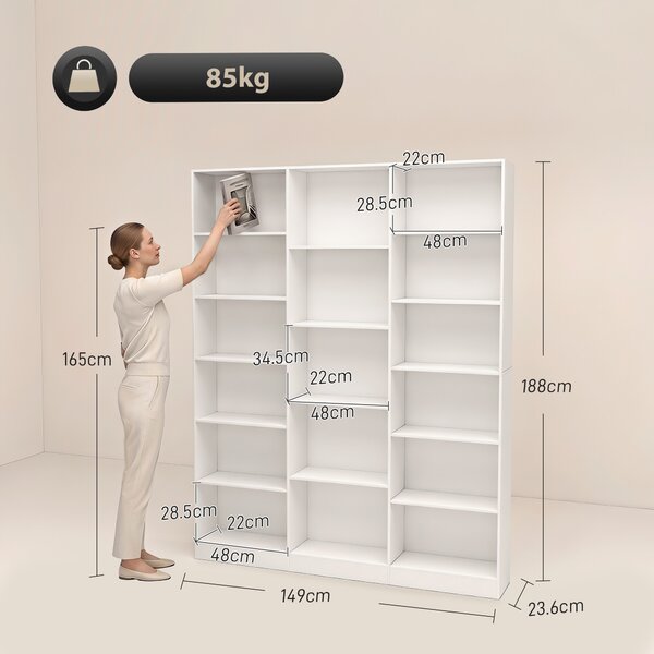 HOMCOM Bibliotecă cu Polițe Reglabile și Sistem Anti-Răsturnare din PAL, 149 x 23,6 x 188 cm, Albă | Aosom Romania