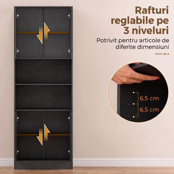 HOMCOM Cămară de bucătărie 170 cm, dulap cu raft reglabil, negru aspect lemn | Aosom Romania