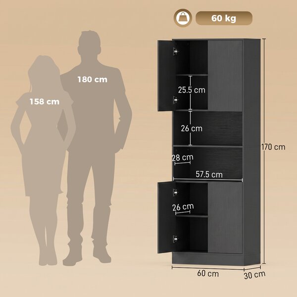 HOMCOM Cămară de bucătărie 170 cm, dulap cu raft reglabil, negru aspect lemn | Aosom Romania