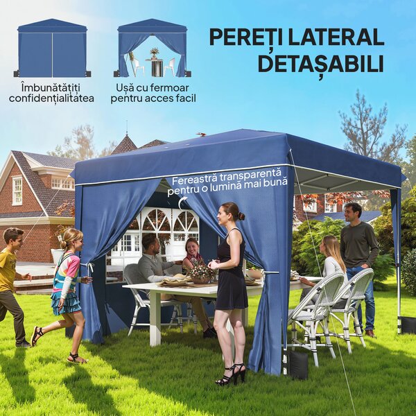 Outsunny Pavilion 3x3 m Pliabil Pop Up cu Înălțime Reglabilă, Pavilion de Grădină cu Pereți Laterali, Saci de Nisip, Geantă de Transport, UV50+, pentru Exterior Camping Petreceri, Albastru Închis | Aosom Romania