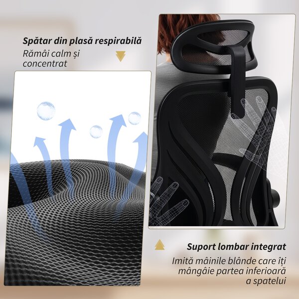 HOMCOM Scaun de Birou Ergonomic cu Brațe Rabatabile și Spătar Pliabil, Scaun de Birou cu Funcție Balansoar, Tetieră Reglabilă, Șezut Rotativ, Negru | Aosom Romania