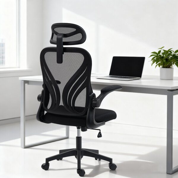 HOMCOM Scaun de Birou Ergonomic cu Brațe Rabatabile și Spătar Pliabil, Scaun de Birou cu Funcție Balansoar, Tetieră Reglabilă, Șezut Rotativ, Negru | Aosom Romania