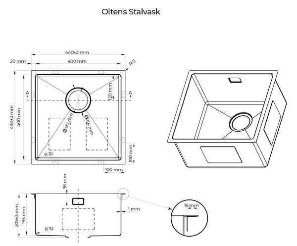Oltens Stalvask chiuveta din otel 44x44 cm negru 71100300