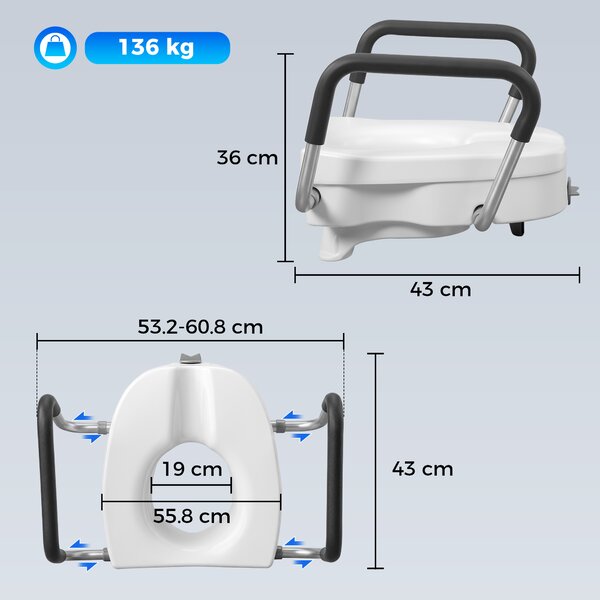 HOMCOM Înălțător WC pentru Vârstnici din HDPE cu Mânere Antialunecare, Lățime Reglabilă, Capacitate 136 kg, Alb | Aosom Romania