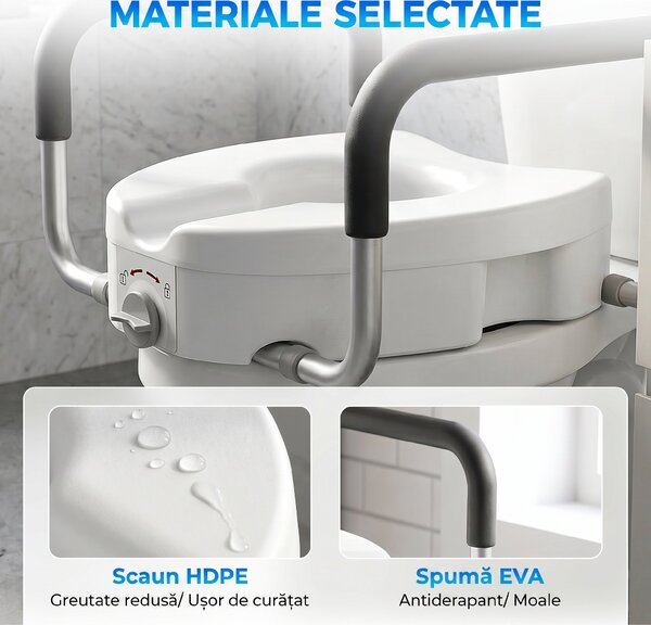 HOMCOM Înălțător WC pentru Vârstnici din HDPE cu Mânere Antialunecare, Lățime Reglabilă, Capacitate 136 kg, Alb | Aosom Romania