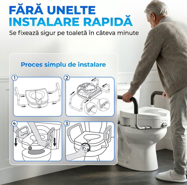 HOMCOM Înălțător WC pentru Vârstnici din HDPE cu Mânere Antialunecare, Lățime Reglabilă, Capacitate 136 kg, Alb | Aosom Romania