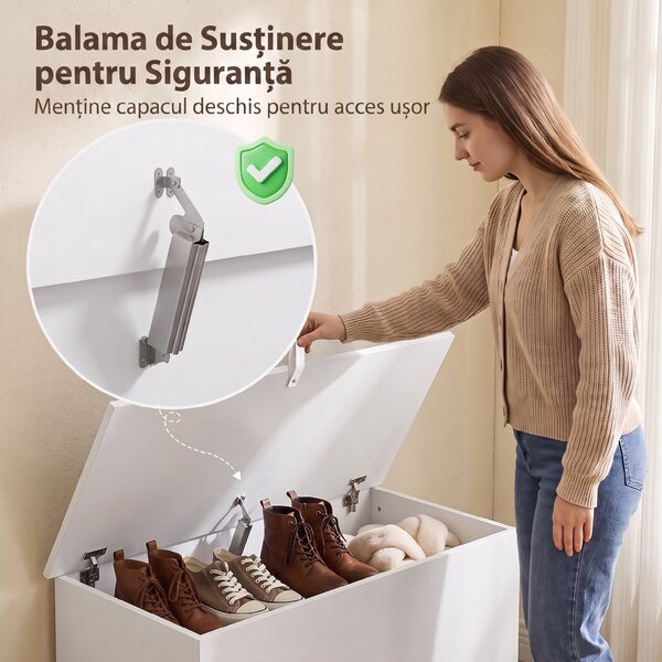 HOMCOM Ladă de Depozitare, Bancă pentru Pantofi cu Capac de Siguranță, pentru Capătul Patului, Alb | Aosom Romania