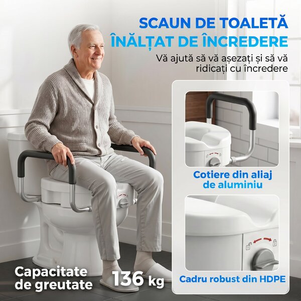 HOMCOM Înălțător WC pentru Vârstnici din HDPE cu Mânere Antialunecare, Lățime Reglabilă, Capacitate 136 kg, Alb | Aosom Romania