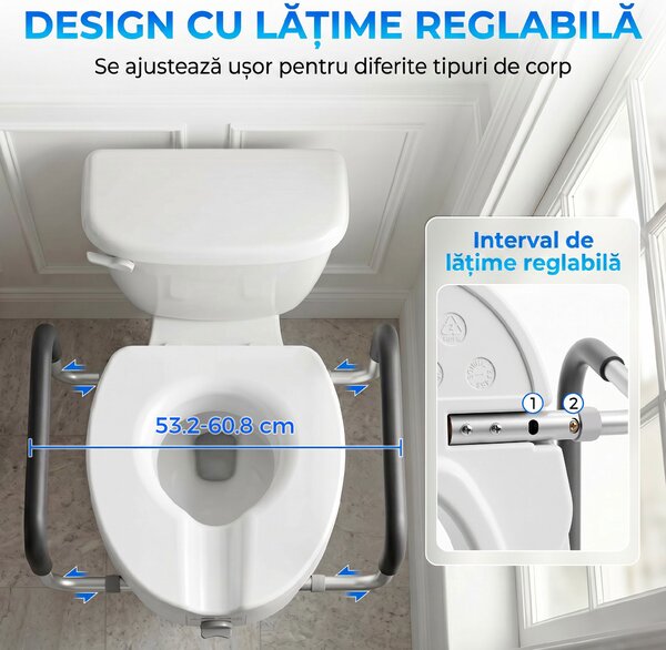 HOMCOM Înălțător WC pentru Vârstnici din HDPE cu Mânere Antialunecare, Lățime Reglabilă, Capacitate 136 kg, Alb | Aosom Romania
