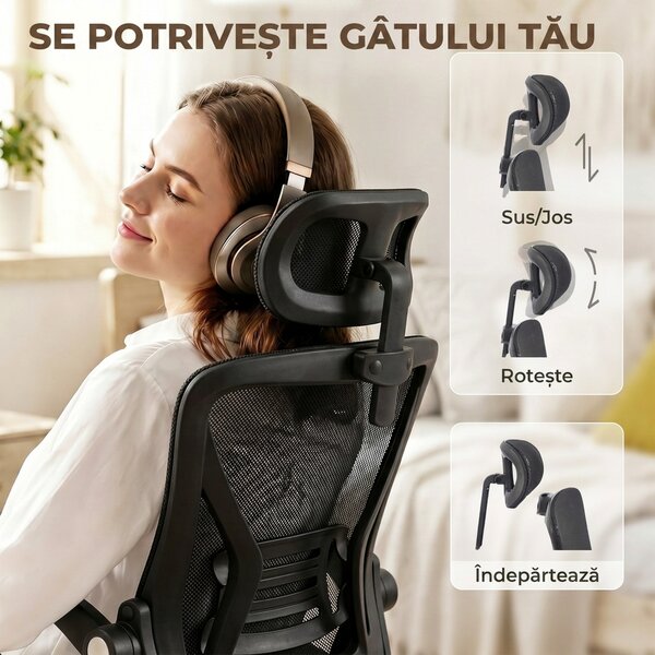 HOMCOM Scaun de Birou Ergonomic cu Brațe Rabatabile, Tetieră și Înălțime Reglabile, din Plasă Respirabilă, Negru | Aosom Romania