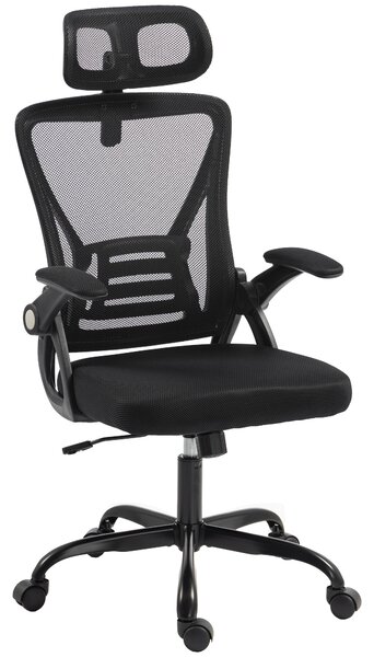 HOMCOM Scaun de Birou Ergonomic cu Brațe Rabatabile, Tetieră și Înălțime Reglabile, din Plasă Respirabilă, Negru | Aosom Romania