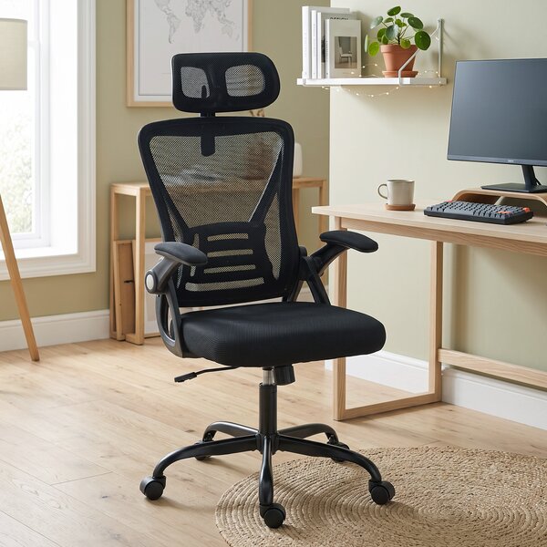 HOMCOM Scaun de Birou Ergonomic cu Brațe Rabatabile, Tetieră și Înălțime Reglabile, din Plasă Respirabilă, Negru | Aosom Romania