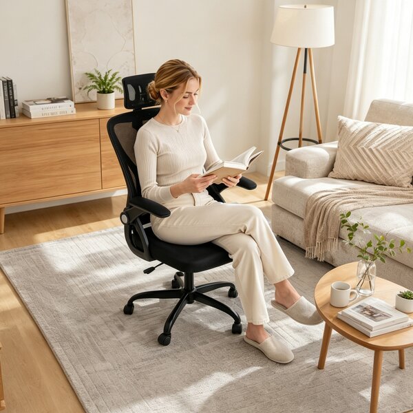 HOMCOM Scaun de Birou Ergonomic cu Brațe Rabatabile, Tetieră și Înălțime Reglabile, din Plasă Respirabilă, Negru | Aosom Romania