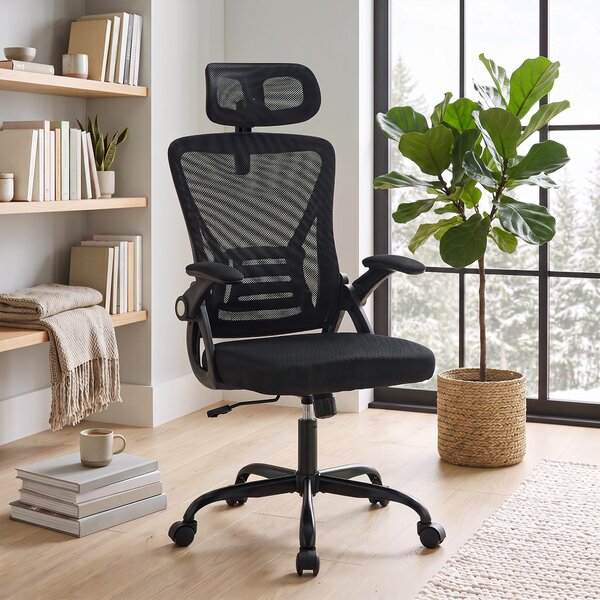 HOMCOM Scaun de Birou Ergonomic cu Brațe Rabatabile, Tetieră și Înălțime Reglabile, din Plasă Respirabilă, Negru | Aosom Romania