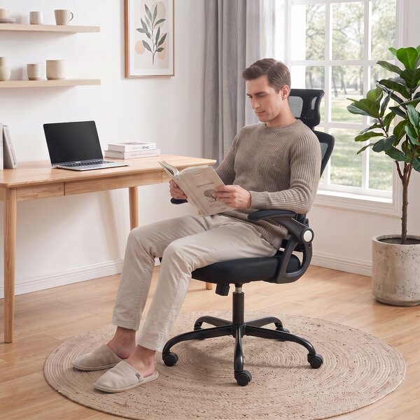 HOMCOM Scaun de Birou Ergonomic cu Brațe Rabatabile, Tetieră și Înălțime Reglabile, din Plasă Respirabilă, Negru | Aosom Romania