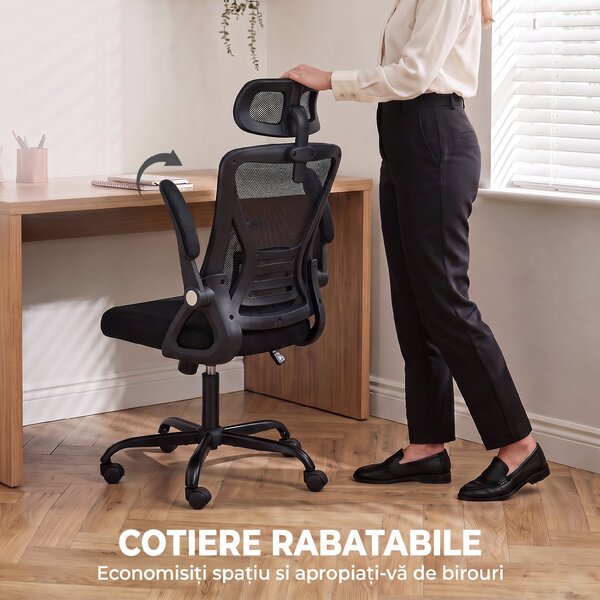 HOMCOM Scaun de Birou Ergonomic cu Brațe Rabatabile, Tetieră și Înălțime Reglabile, din Plasă Respirabilă, Negru | Aosom Romania